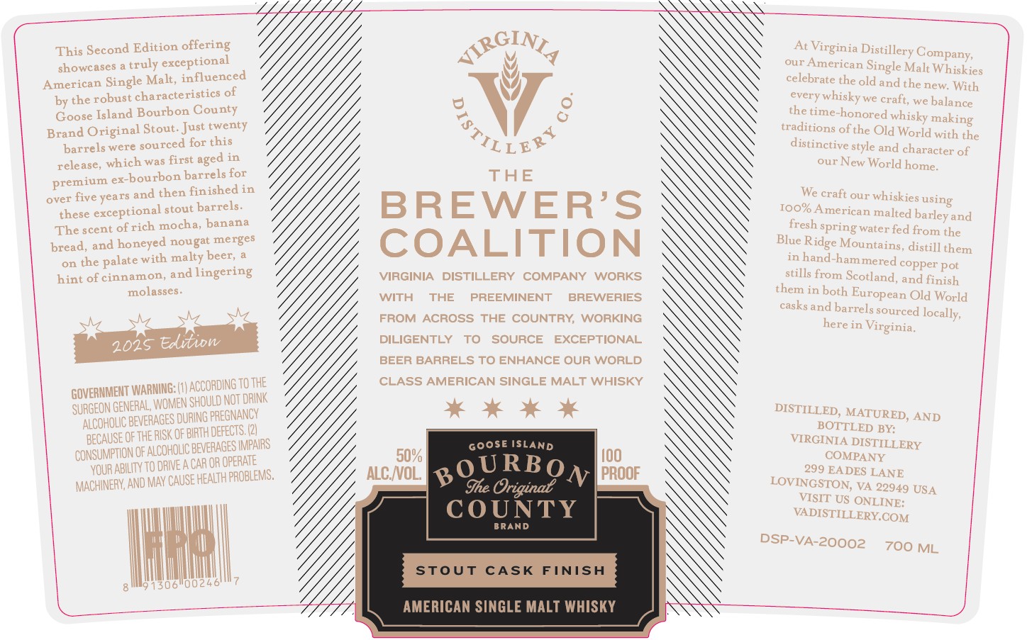 TABC label artwork for Virginia Distillery Co. The Brewer's Coalition Stout Cask Finish American Single Malt Whisky