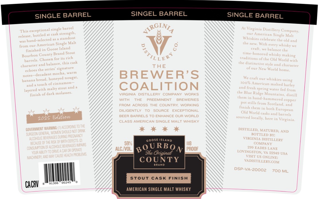 TABC label artwork for Virginia Distillery Co. Goose Island Bourbon The Original County Whisky