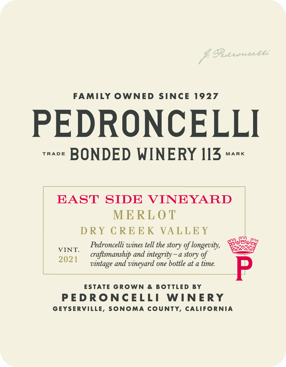 TABC label artwork for Pedroncelli Bonded Winery 2021 Merlot