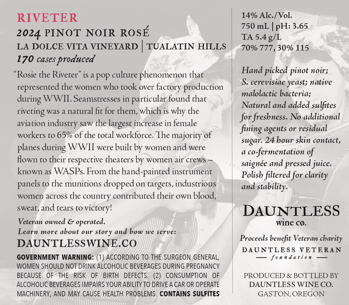 TABC label artwork for Dauntless Wine Co Pinot Noir, Riveter, Tualatin Hills, Oregon