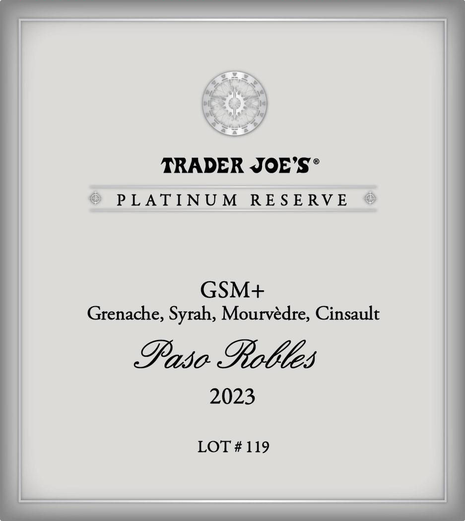 TABC label artwork for TRADER JOE'S PLATINUM RESERVE GSM+ LOT# 119 PASO ROBLES