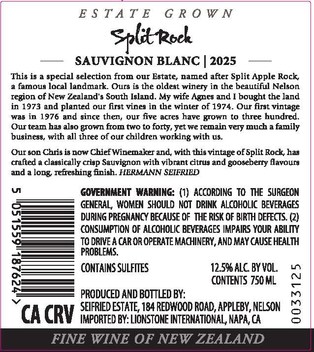 TABC label artwork for Split Rock Nelson Sauvignon Blanc, New Zealand