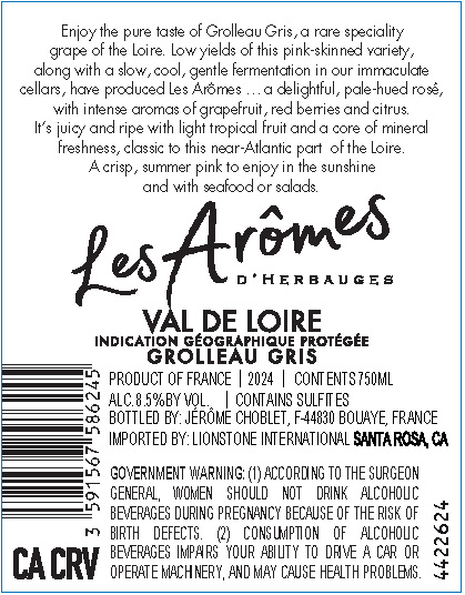 TABC label artwork for Les Aromes d'Herbauges Val de Loire Grolleau Gris Rose, France