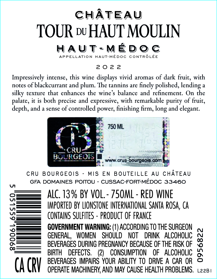 TABC label artwork for Chateau Tour du Haut Moulin Cru Bourgeois Haut-Medoc Red Wine, France