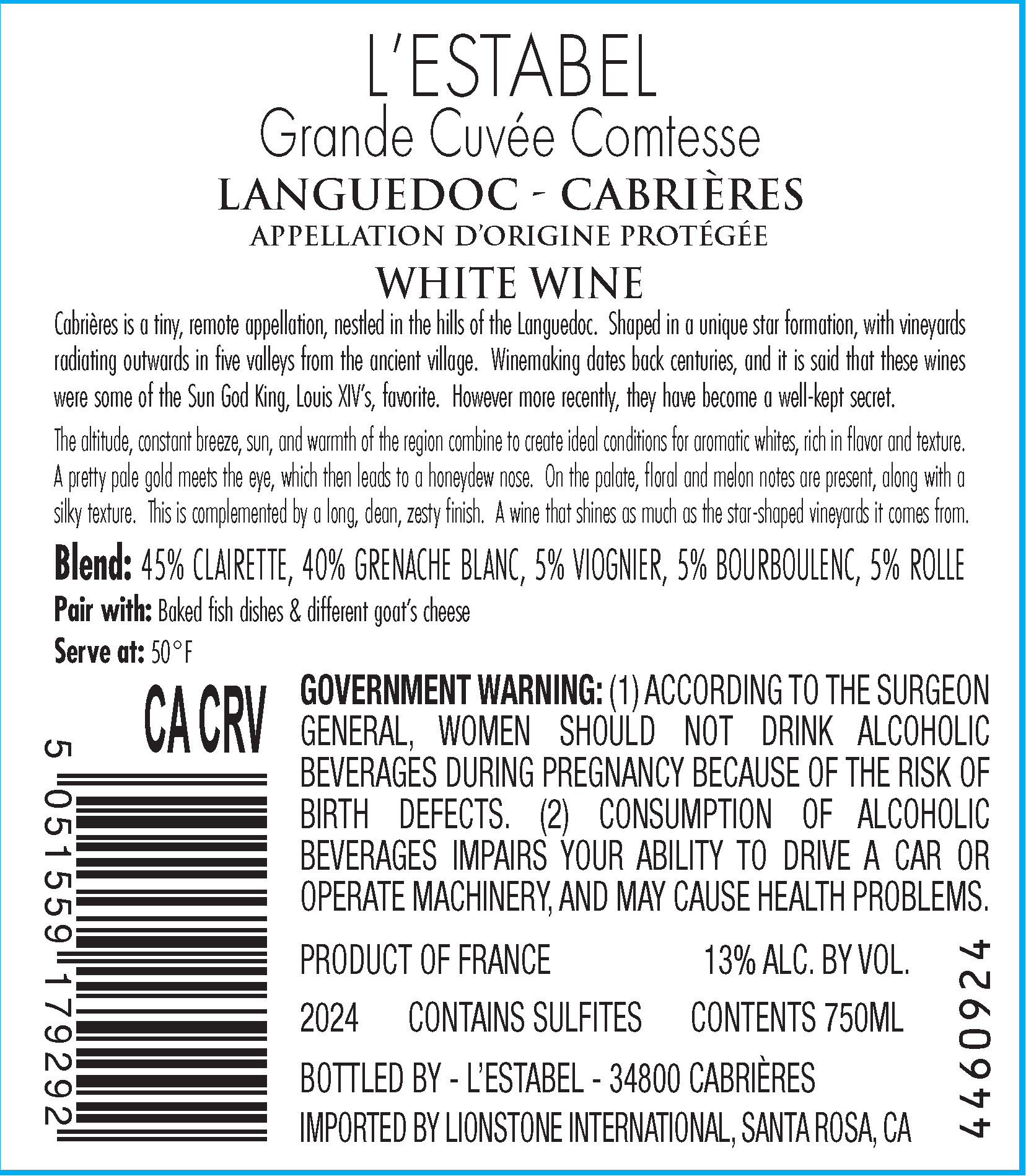 TABC label artwork for L'Estabel Grand Cuvee Comtesse Languedoc-Cabrieres Clairette, Grenache Blanc, Viognier, Bourboulenc