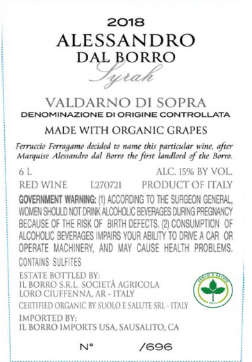 TABC label artwork for Il Borro Alessandro dal Borro Valdarno di Sopra Syrah