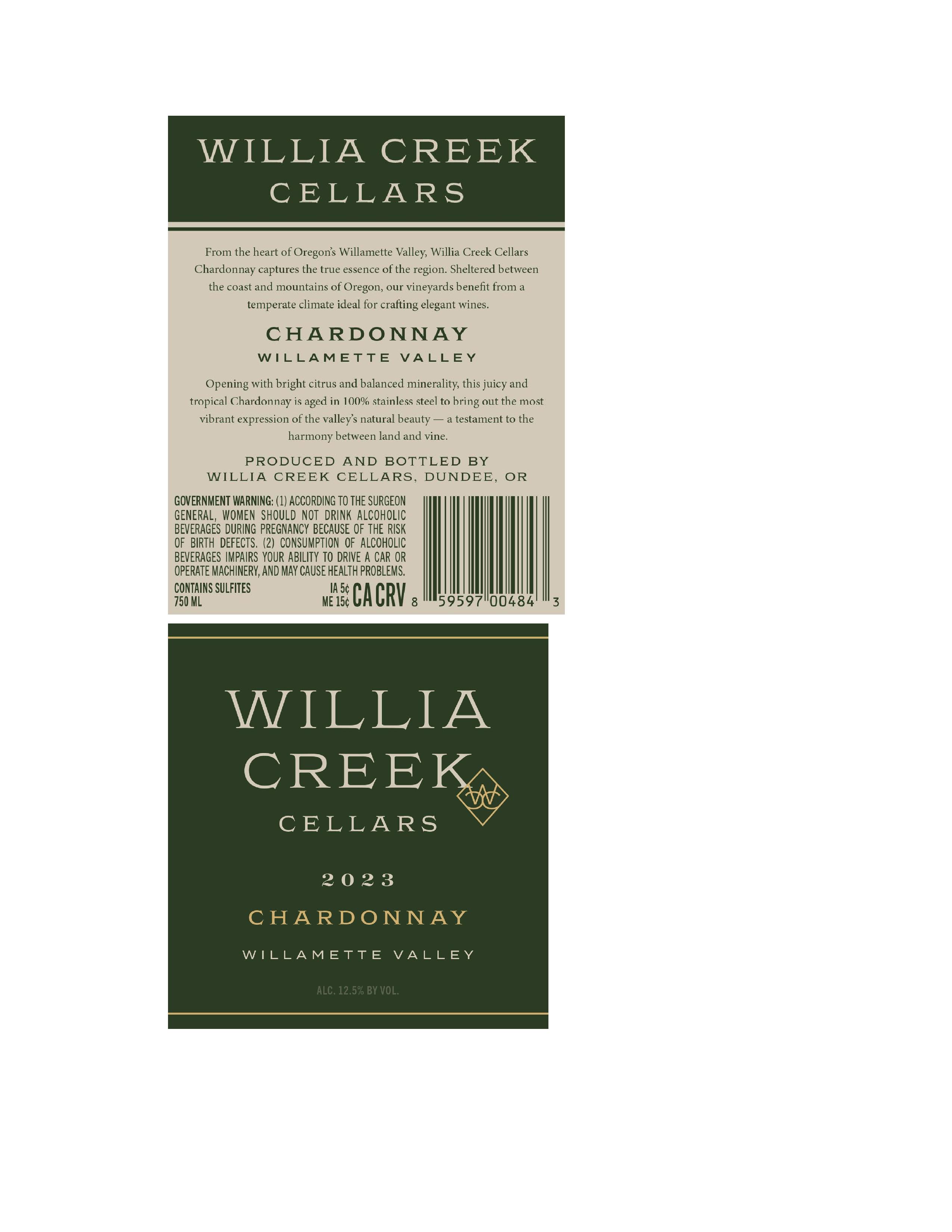 TABC label artwork for Willia Creek Cellars Chardonnay
