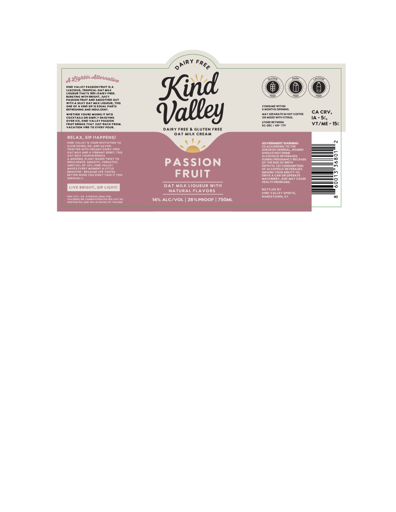 TABC label artwork for Kind Valley Passion Fruit Cream Non-Dairy made with Oat Milk
