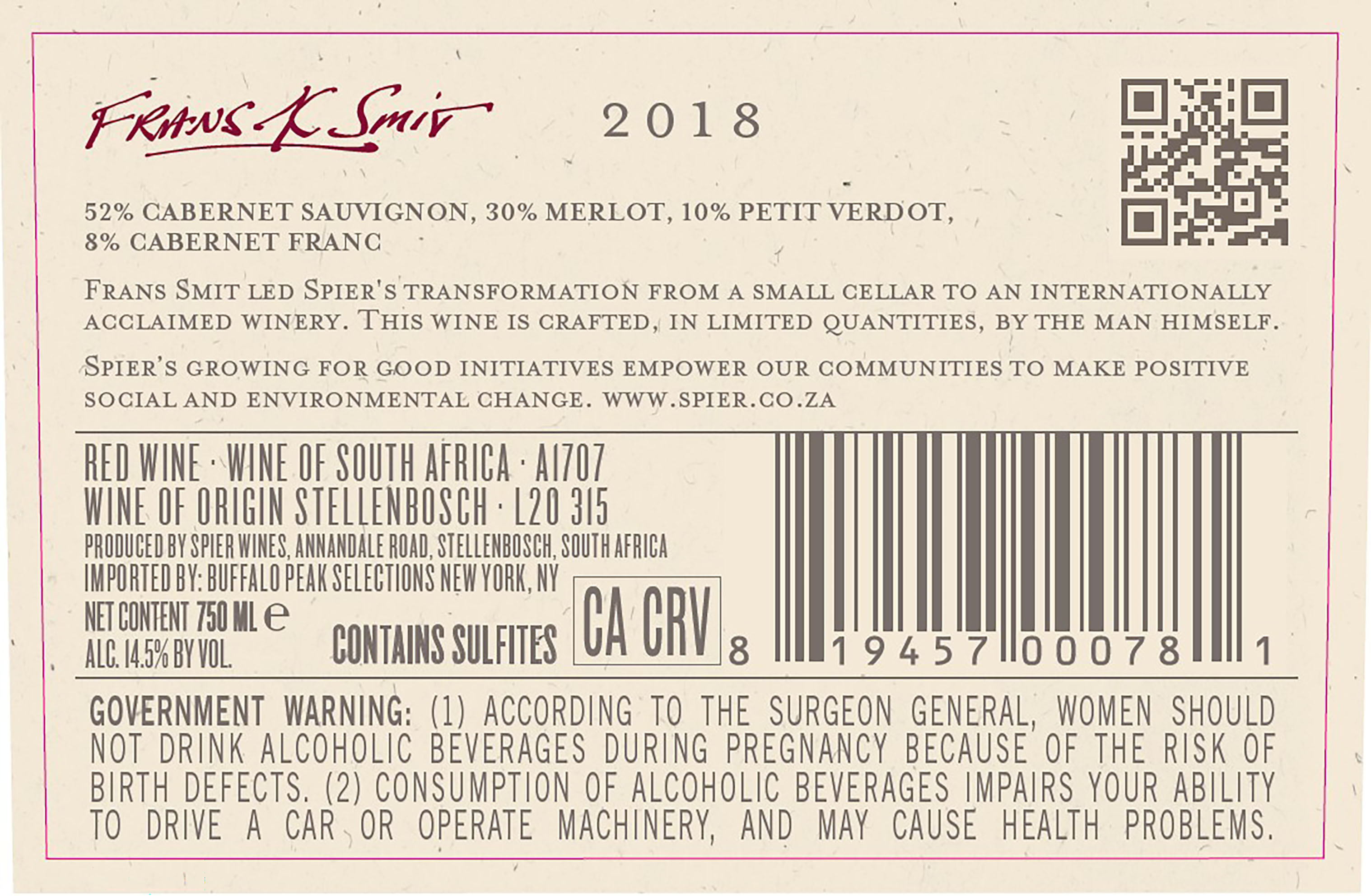 TABC label artwork for Frans K Smit Red Blend