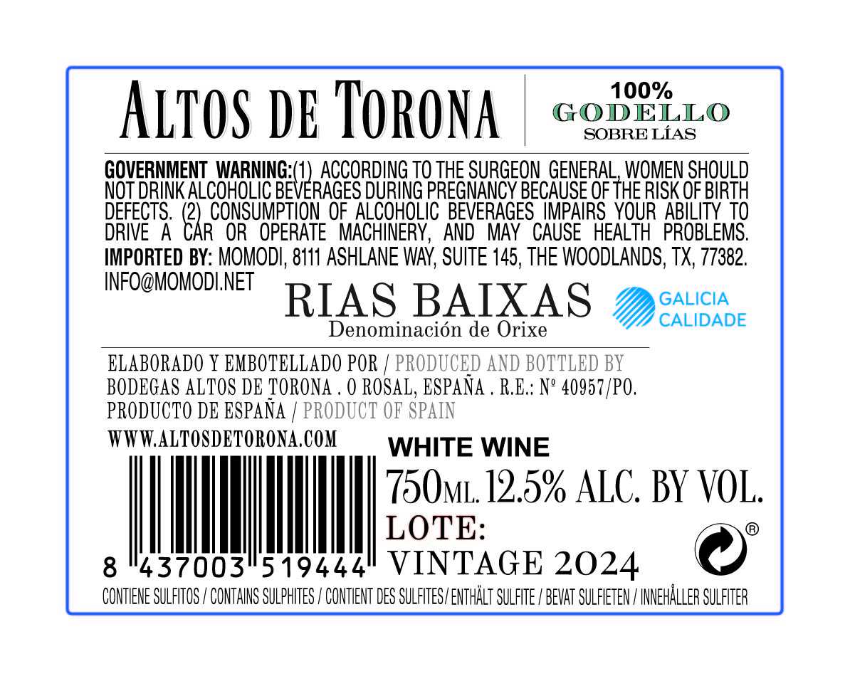 TABC label artwork for Altos de Torona Godello D.O. Rías Baixas