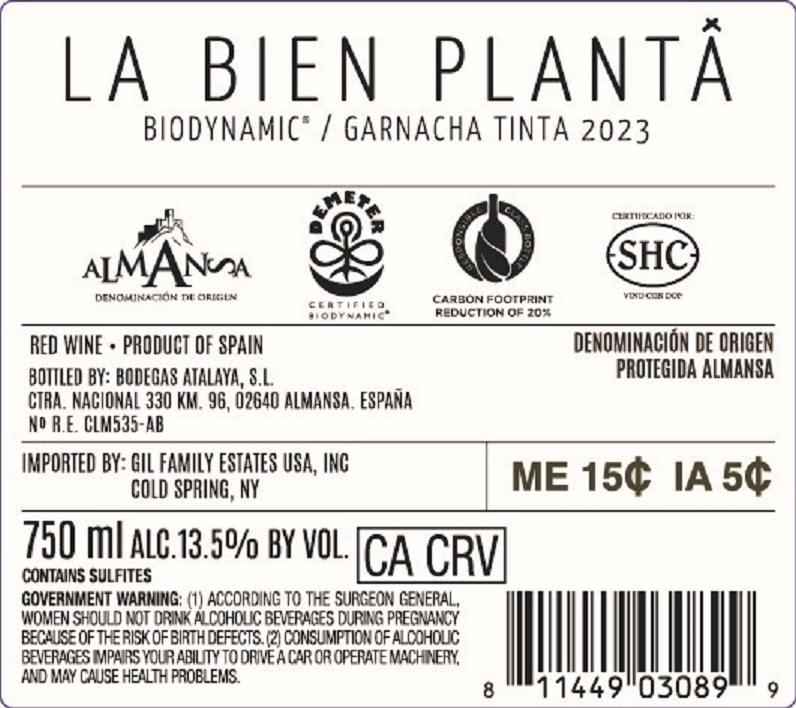 TABC label artwork for La Bien Planta Garnacha Tinta