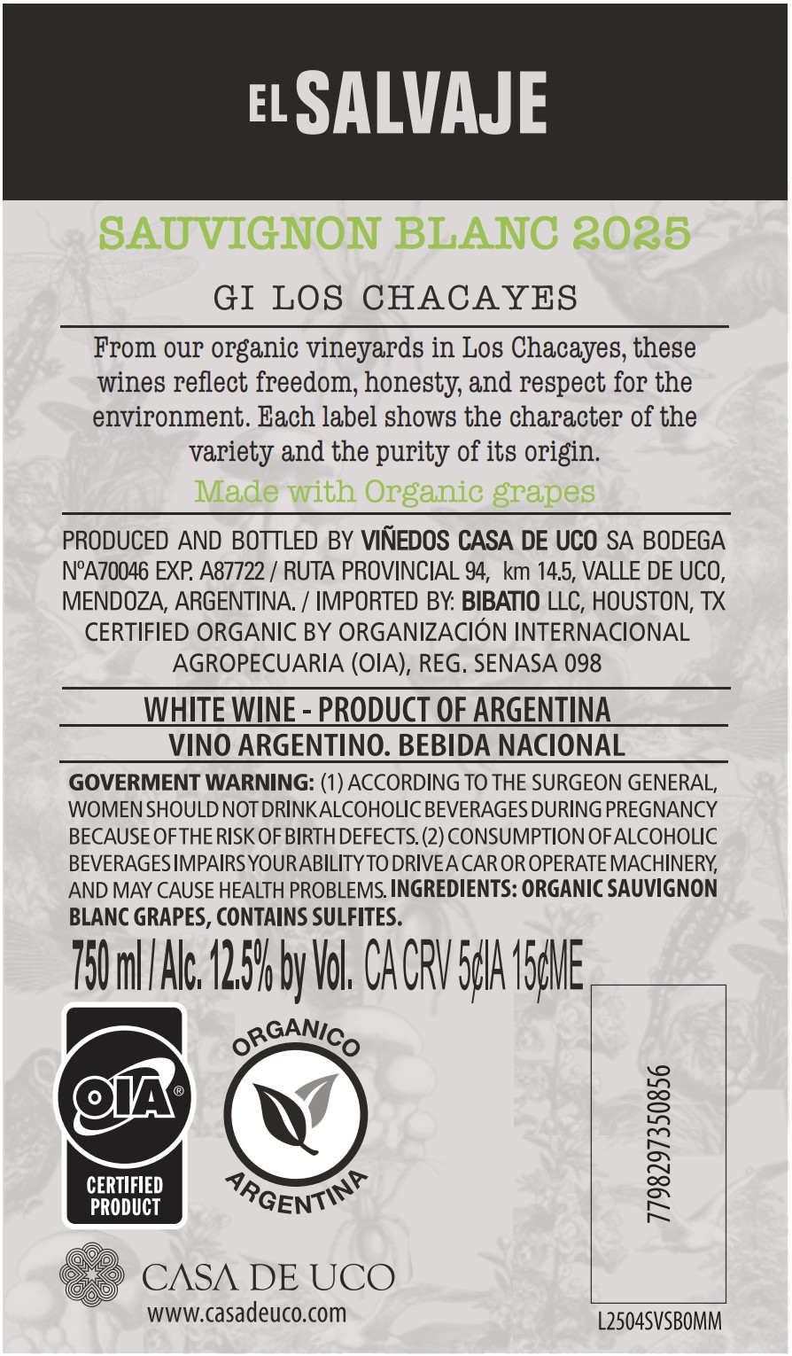 TABC label artwork for EL SALVAJE SAUVIGNON BLANC LOS CHACAYES