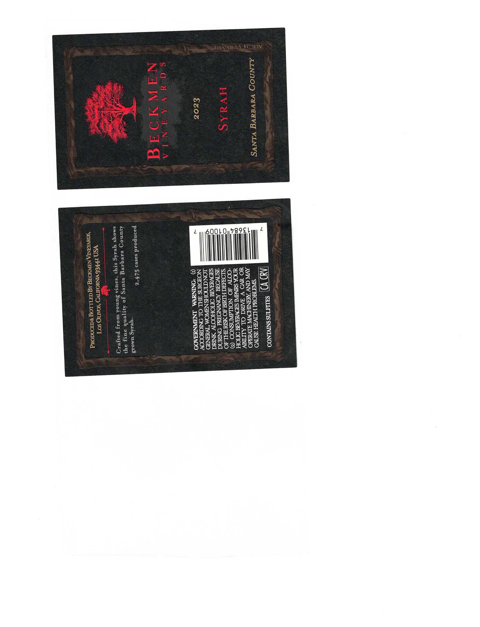 TABC label artwork for BECKMEN VINEYARDS SYRAH SBC