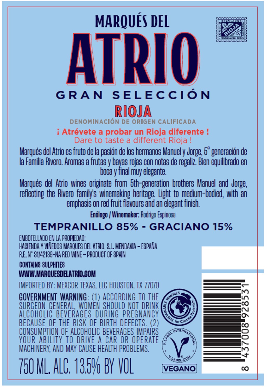 TABC label artwork for MARQUES DEL ATRIO GRAN SELECCION