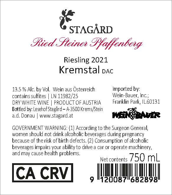 TABC label artwork for Stagard Pfaffenberg Riesling Kremstal