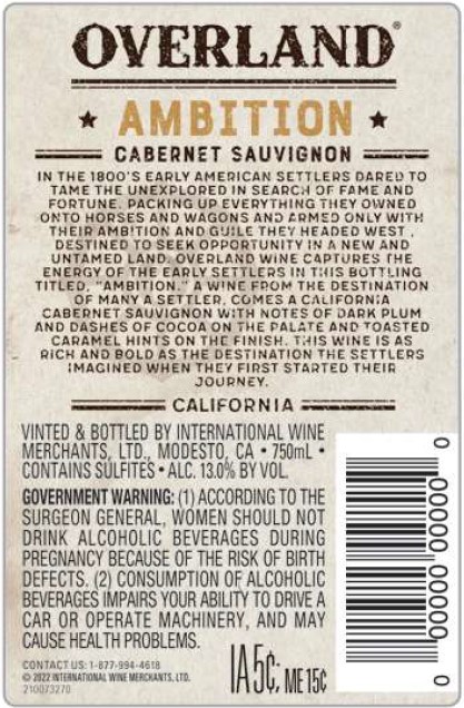 TABC label artwork for Overland Cabernet Sauvignon Ambition California