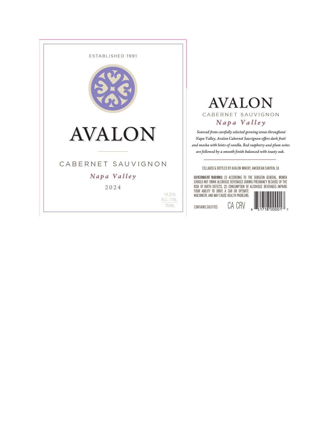 TABC label artwork for Avalon Cabernet Sauvignon Napa Valley