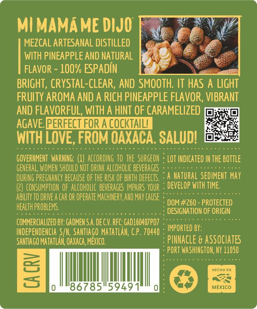 TABC label artwork for Mi Mama Me Dijo Pineapple Mezcal