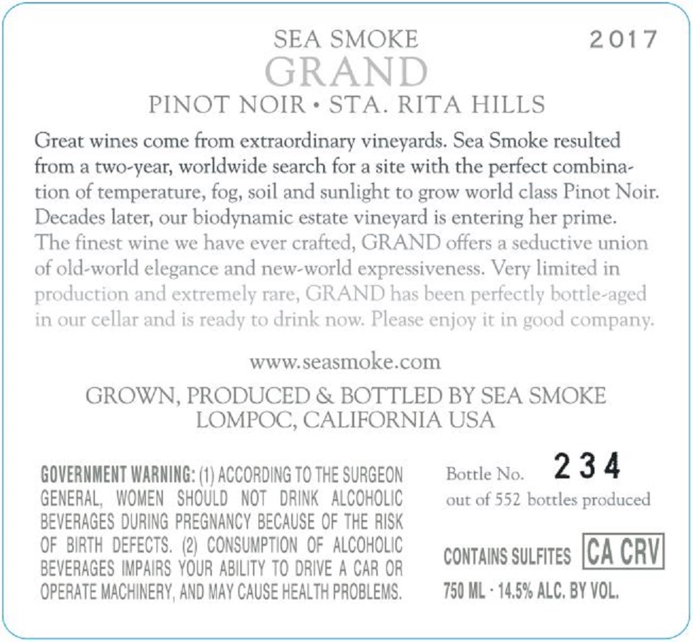 TABC label artwork for Sea Smoke Grand Pinot Noir STA. Rita Hills