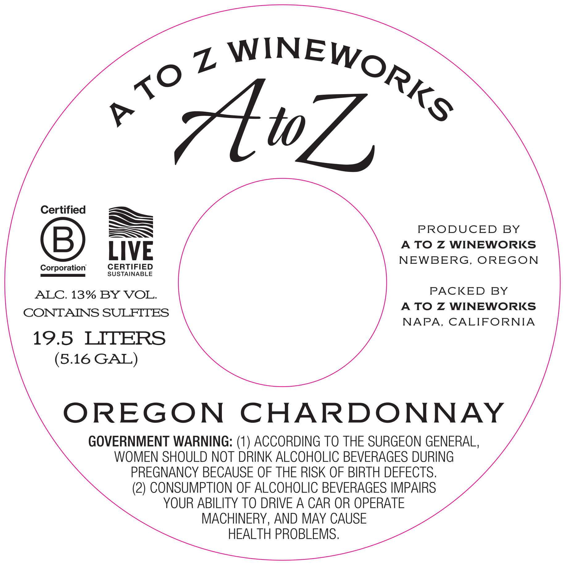 TABC label artwork for A to Z Wineworks Chardonnay Keg