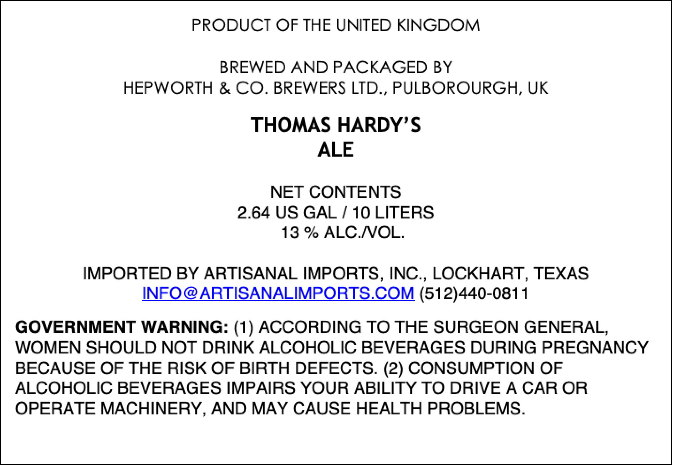 TABC label artwork for Thomas Hardy's