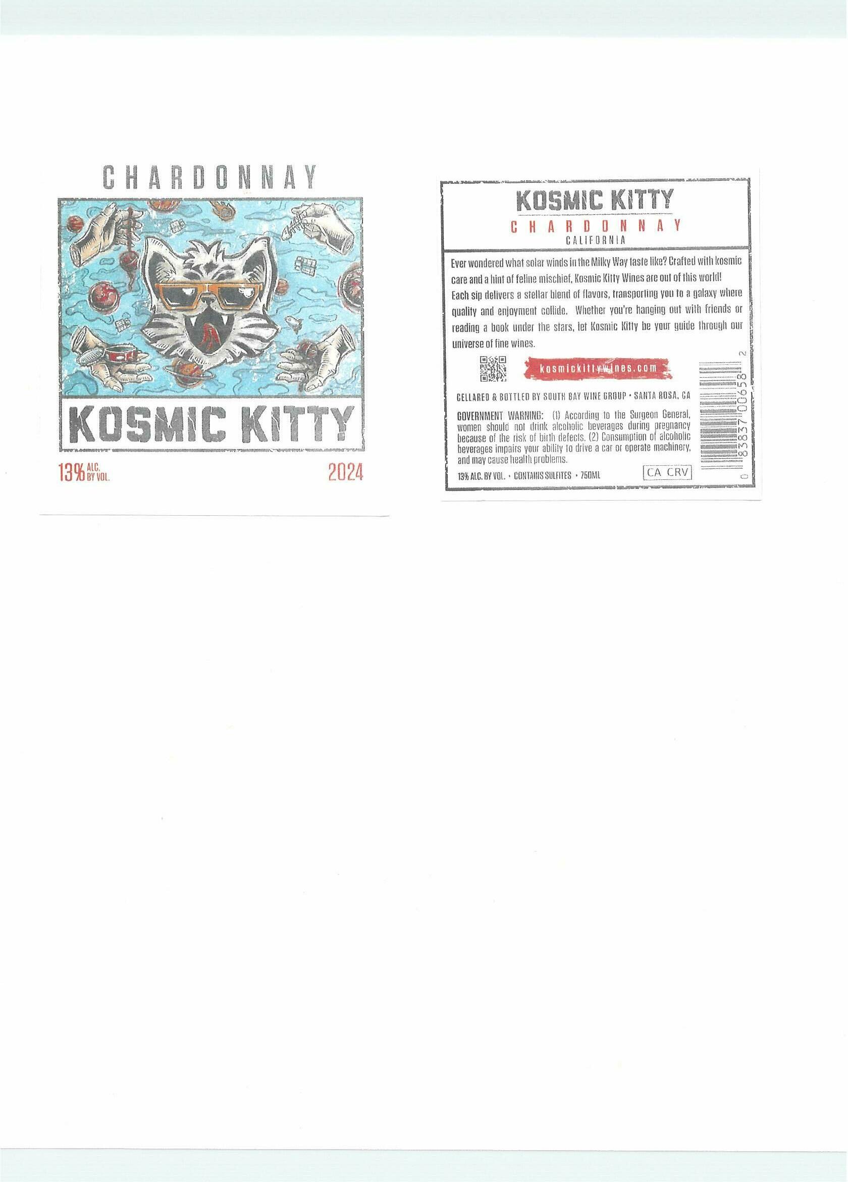 TABC label artwork for Kosmic Kitty Chardonnay California