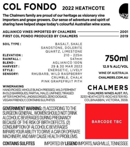 TABC label artwork for CHALMERS COL FONDO AGLIANICO HEATHCOTE