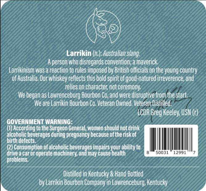 TABC label artwork for LARRIKIN BOURBON WHISKEY BIB