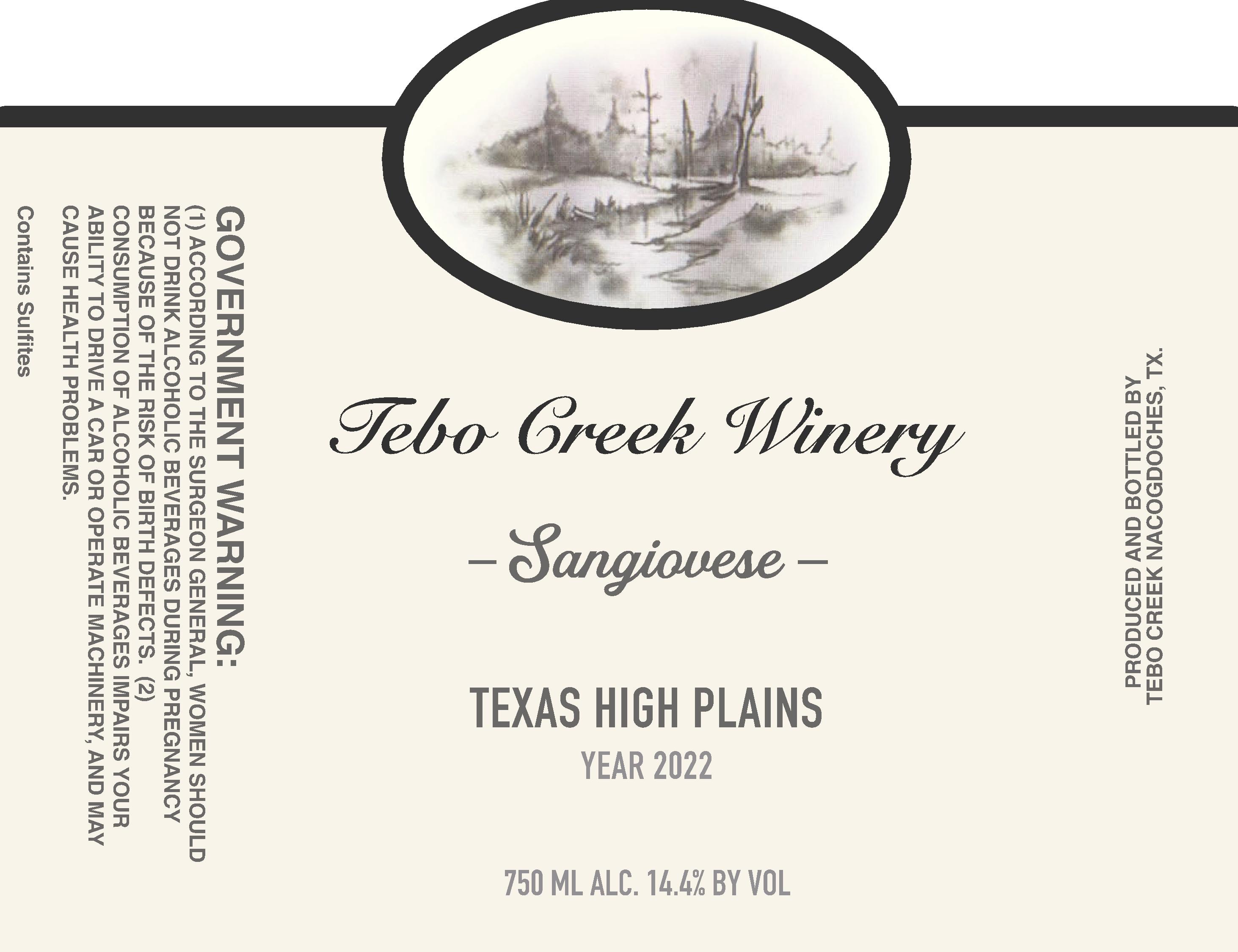 TABC label artwork for Tebo Creek Winery Sangiovese Texas High Plains