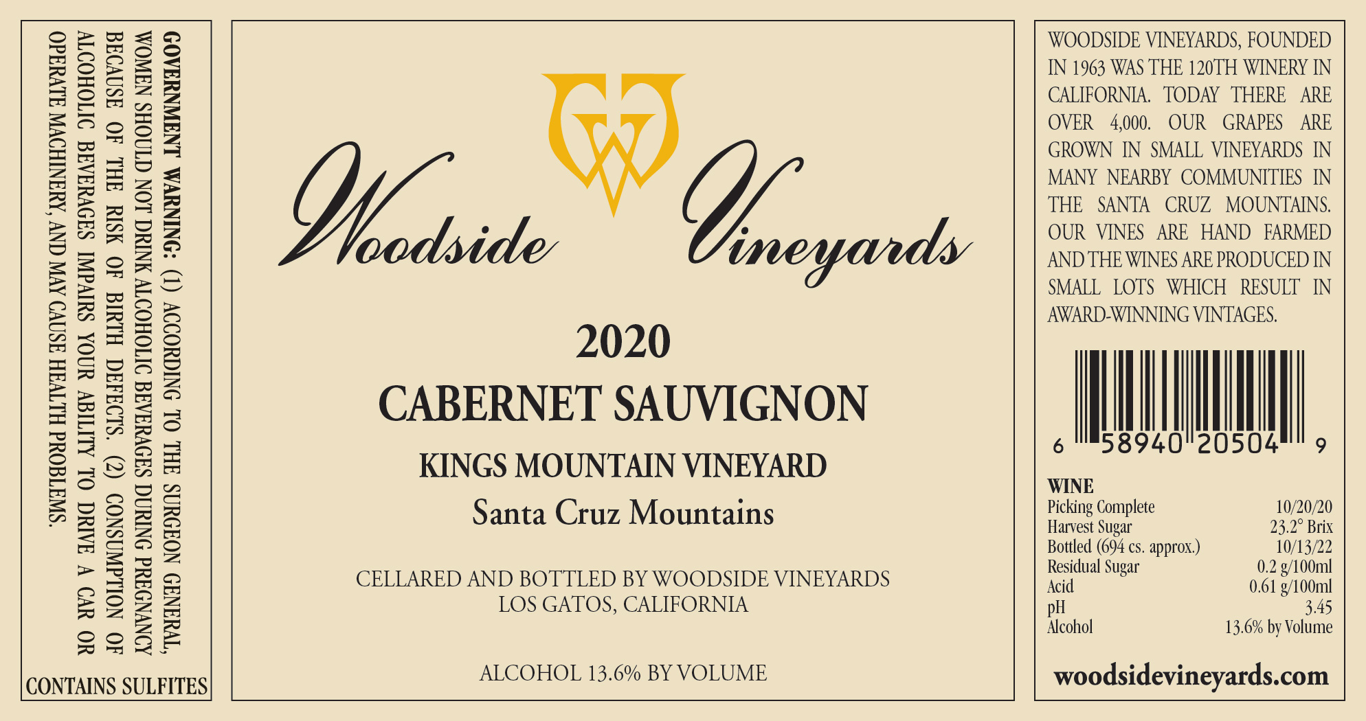 TABC label artwork for Woodside Vineyards Cabernet Sauvignon