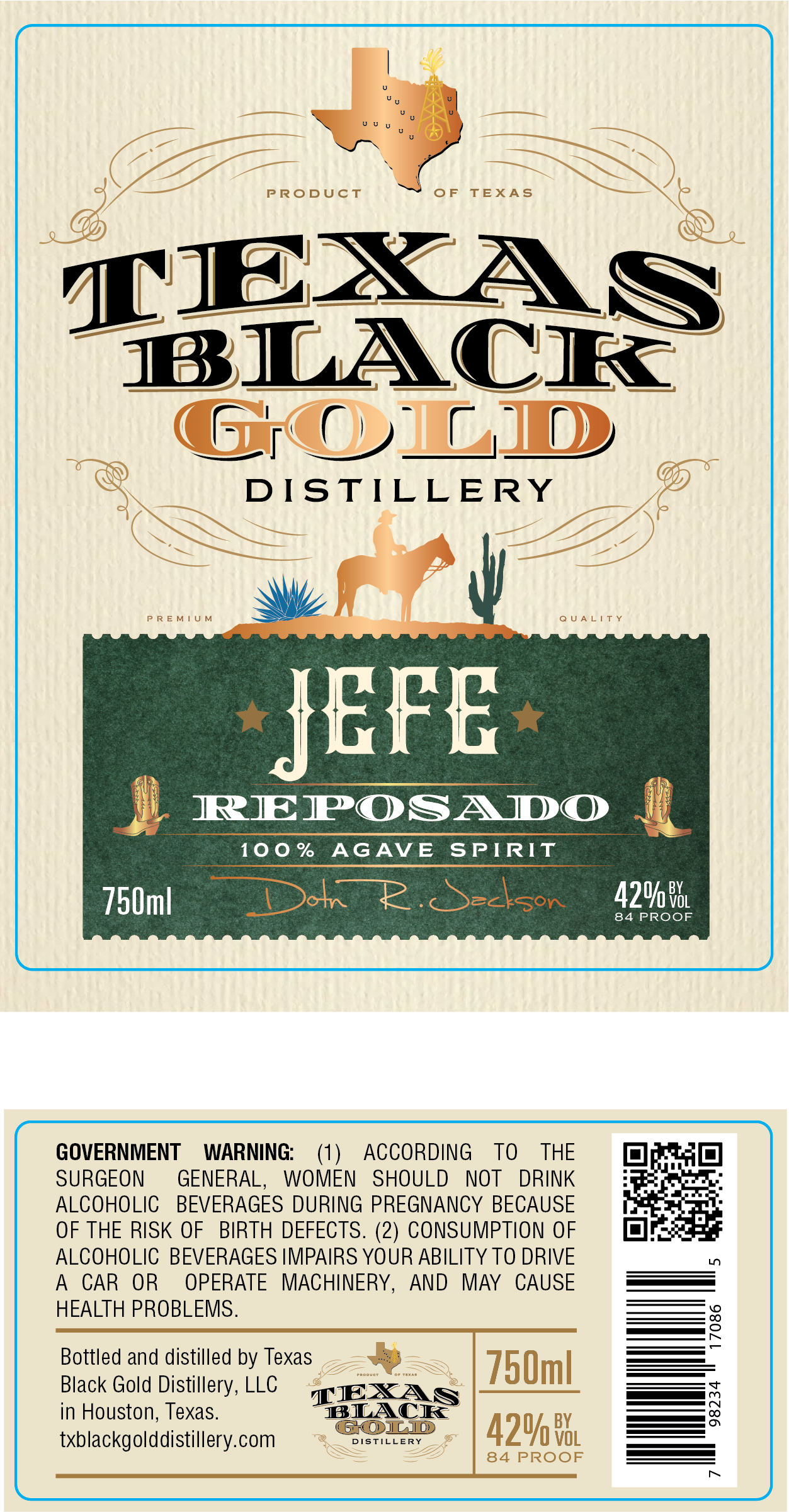 TABC label artwork for TEXAS BLACK GOLD DISTILLERY JEFE AGAVE SPIRIT REPOSADO