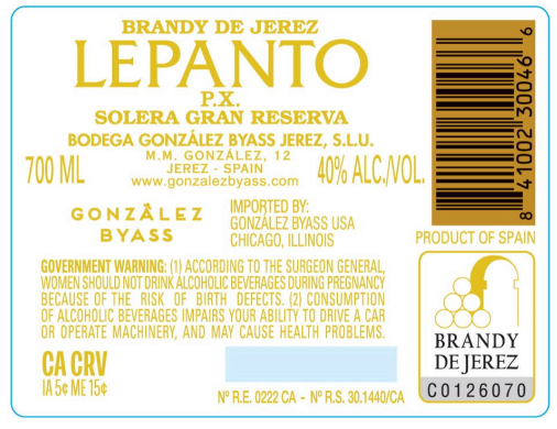 TABC label artwork for Lepanto Solera Gran Reserva P.X.
