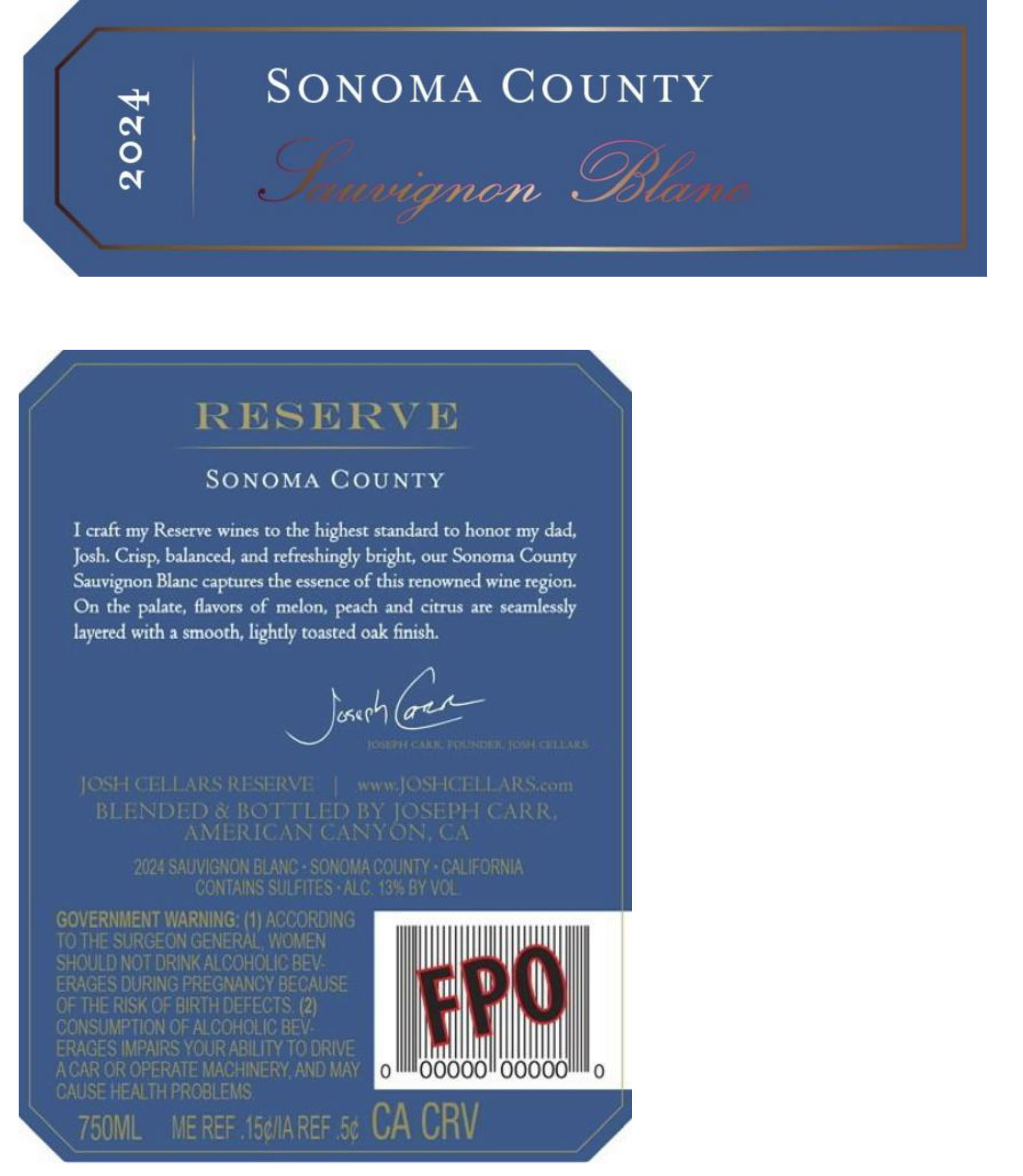 TABC label artwork for Josh Cellars Sauvignon Blanc Reserve Sonoma County