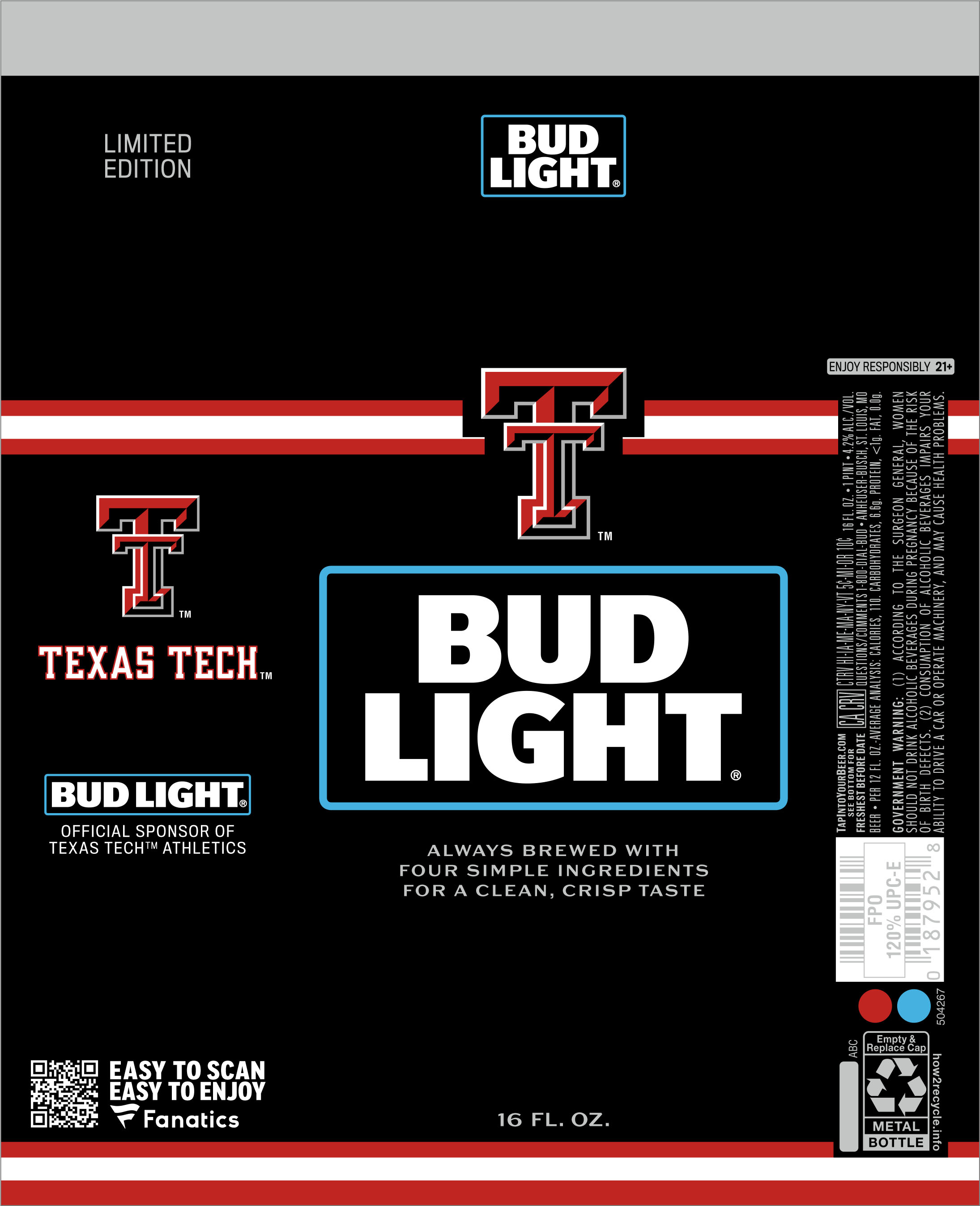 TABC label artwork for BUD LIGHT 2026 COLLEGE TEXAS TECH 16 OZ. ALUM. BTL