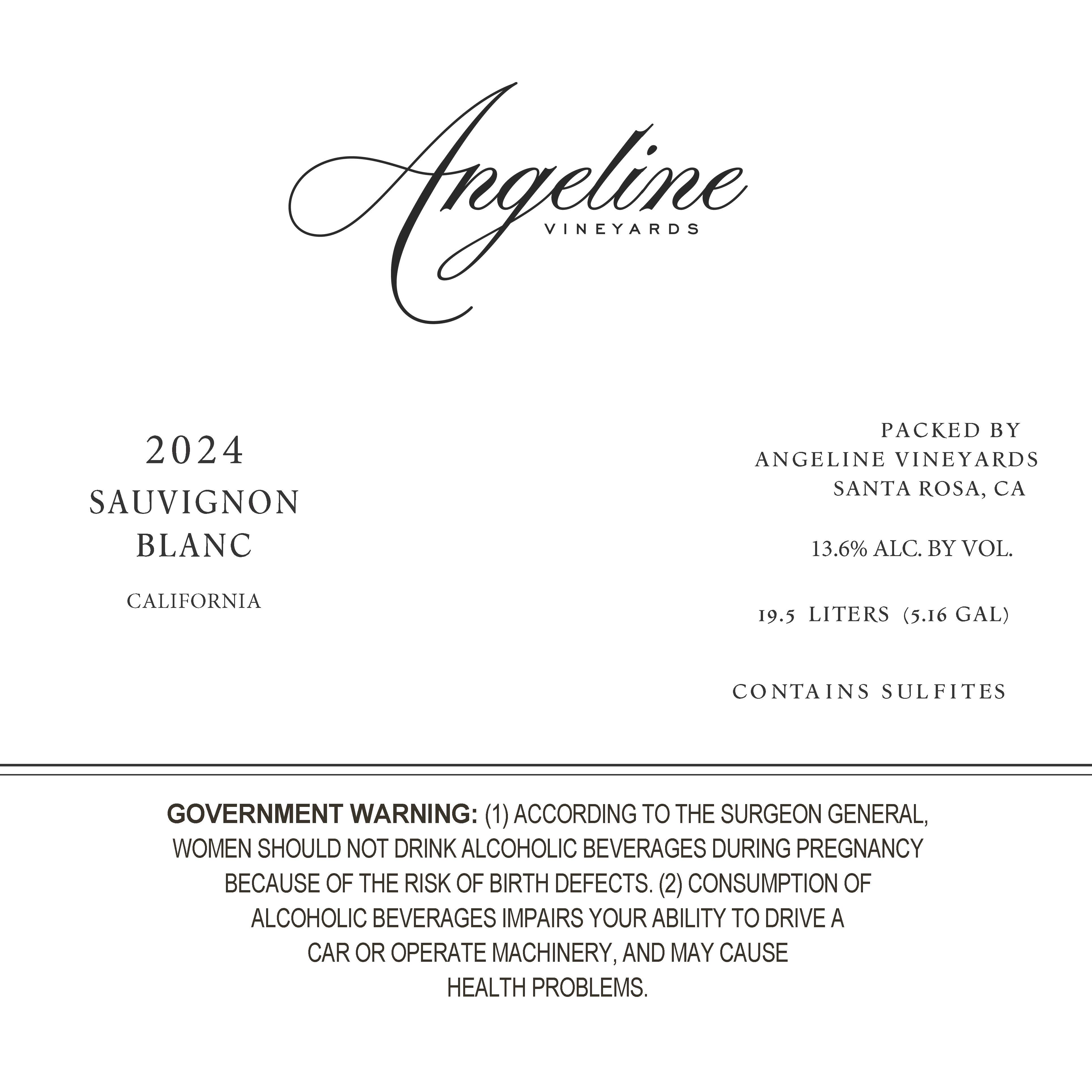 TABC label artwork for ANGELINE VINEYARDS Sauvignon Blanc California KEG 25-0406