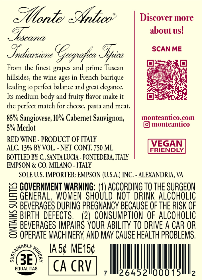 TABC label artwork for MONTE ANTICO RED