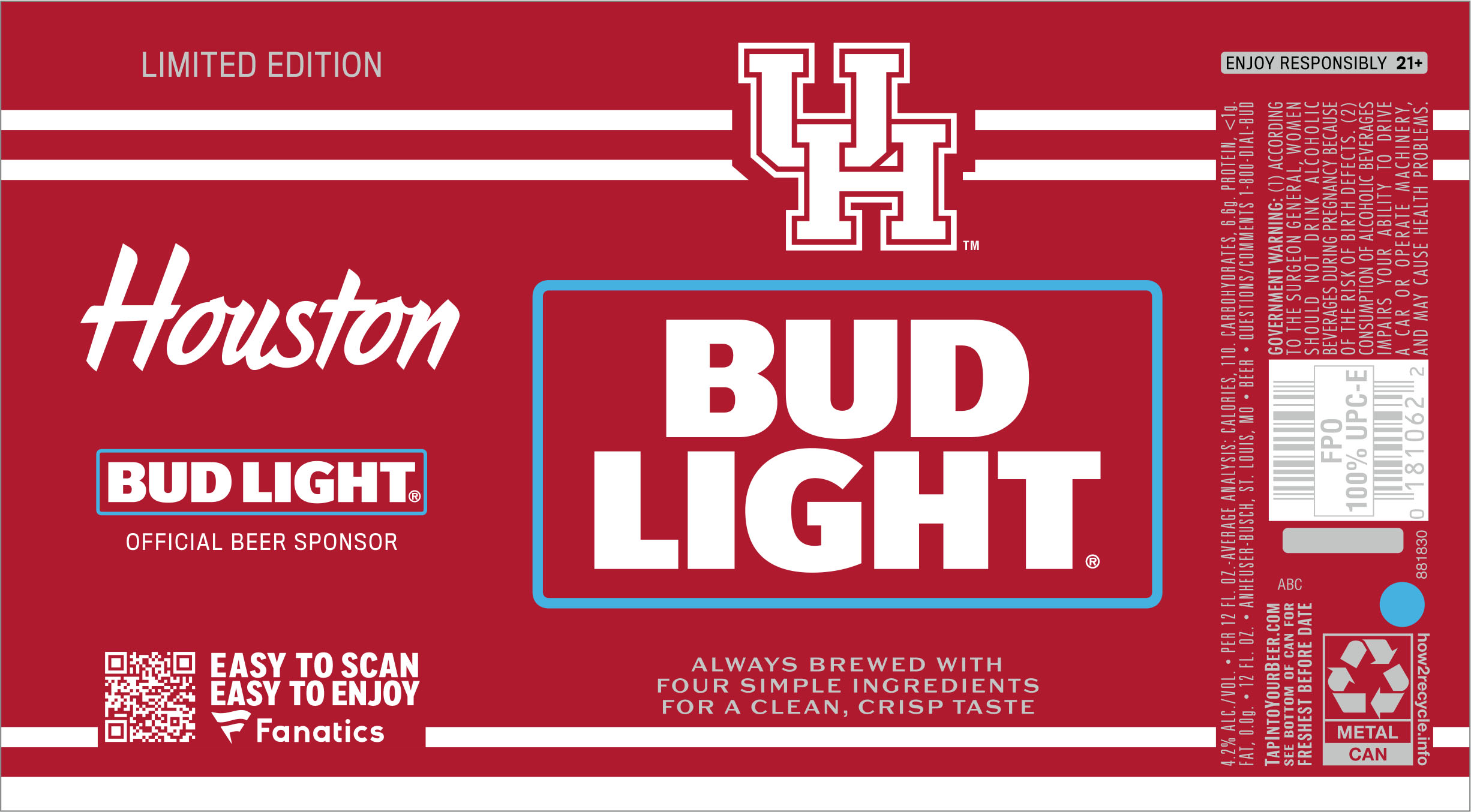 TABC label artwork for BUD LIGHT 2026 COLLEGE UNIVERSITY OF HOUSTON 12 OZ. CAN