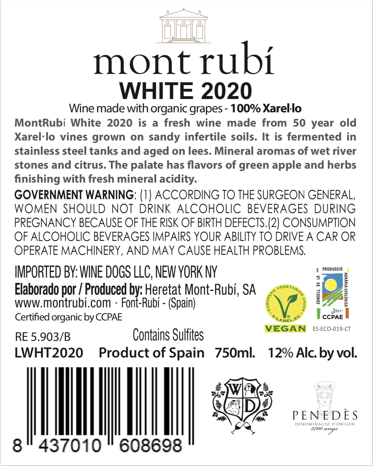 TABC label artwork for MontRubi White (Xarel-lo) Penedes