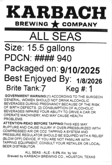 TABC label artwork for All Seas IPA