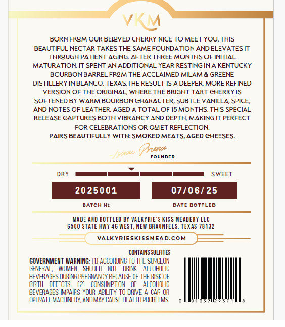 TABC label artwork for Valkyrie's Kiss Meadery