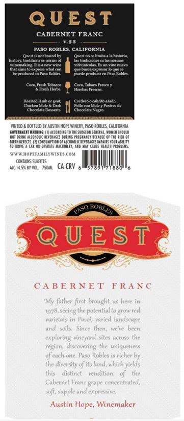 TABC label artwork for Quest Cabernet Franc