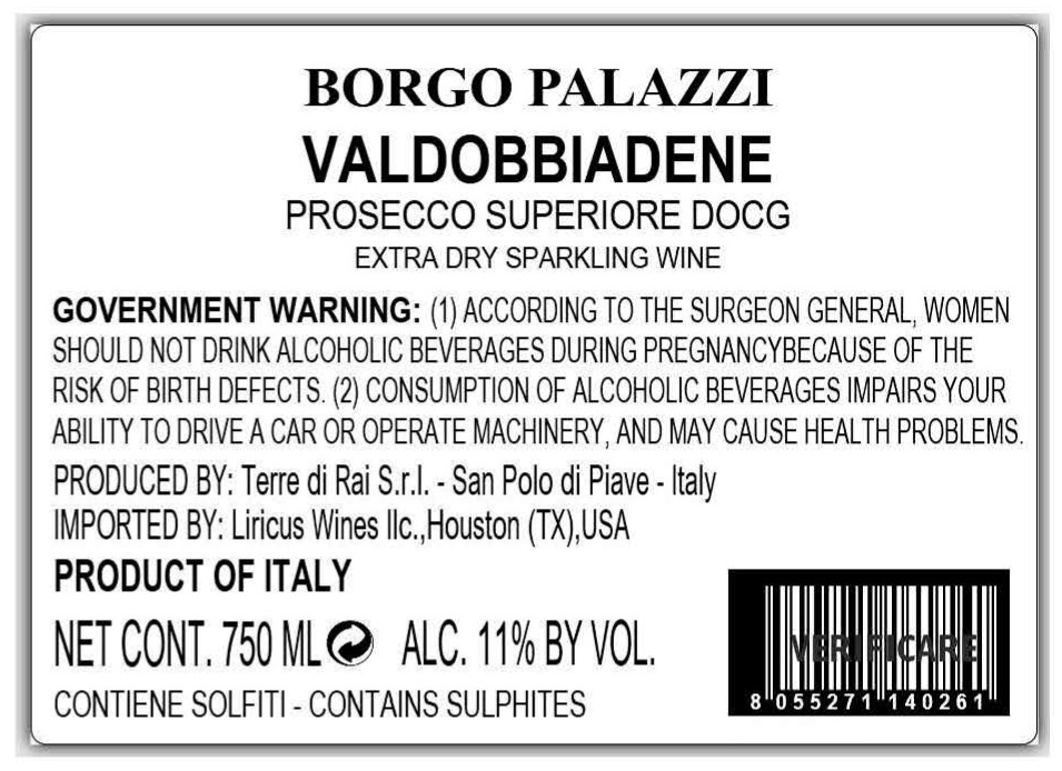 TABC label artwork for BORGO PALAZZI VALDOBBIADENE