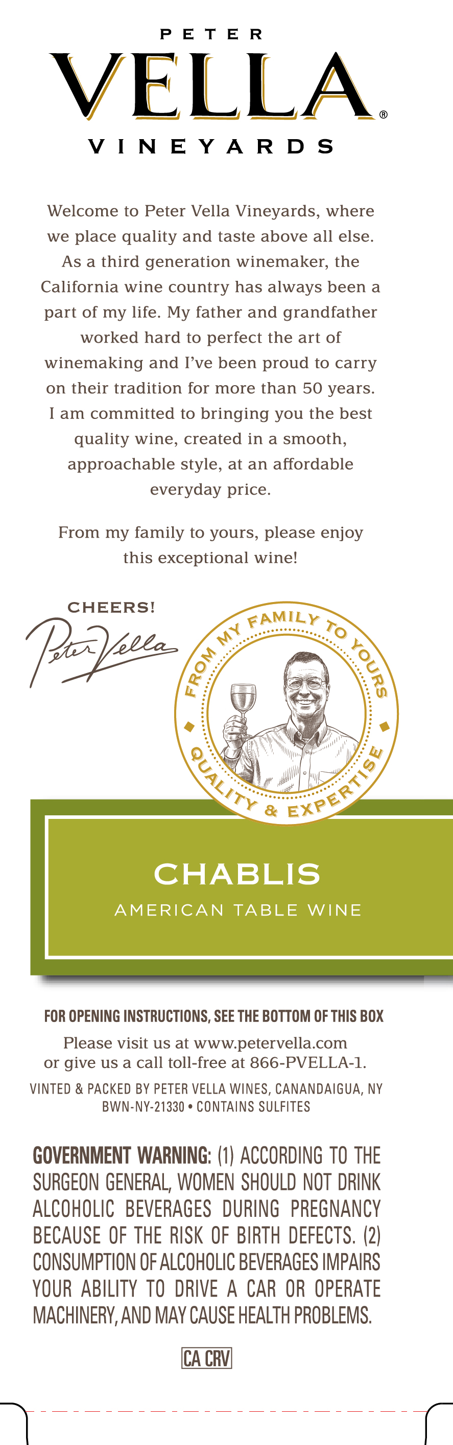 TABC label artwork for Peter Vella Vineyards Chablis American