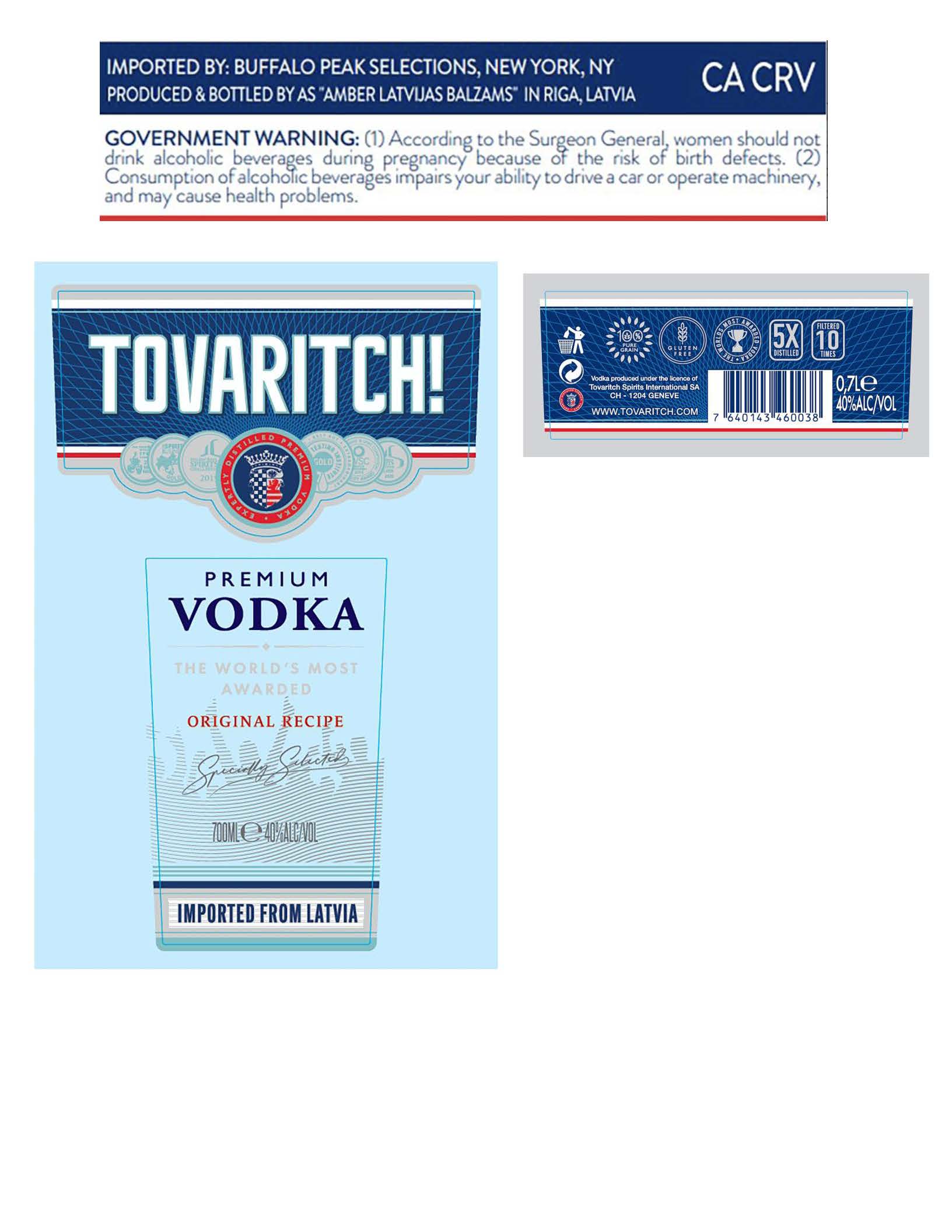 TABC label artwork for Tovaritch Premium Vodka Original Recipe