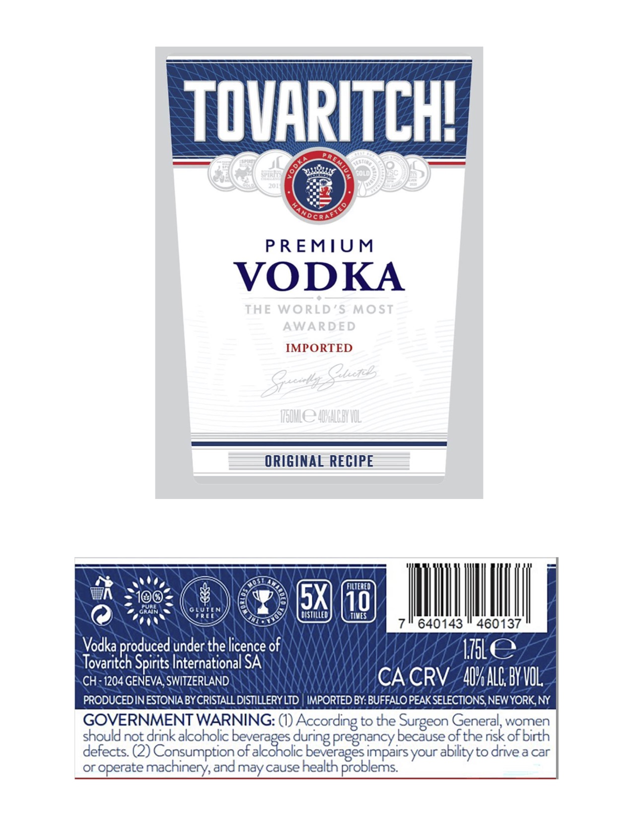 TABC label artwork for Tovaritch Premium Vodka