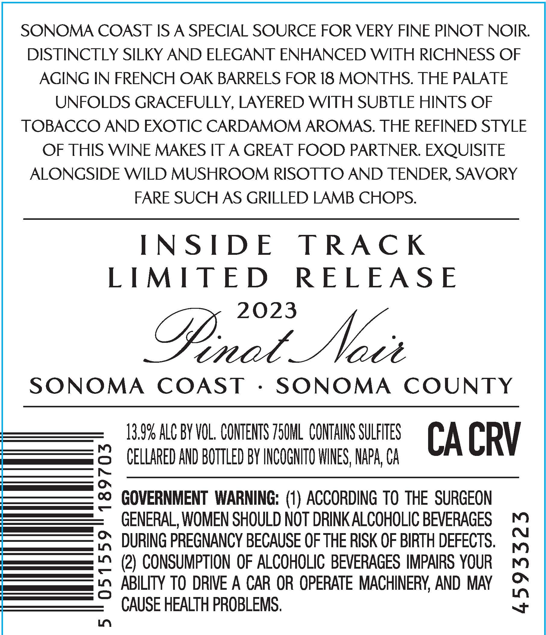 TABC label artwork for Inside Track Limited Release Pinot Noir Sonoma Coast