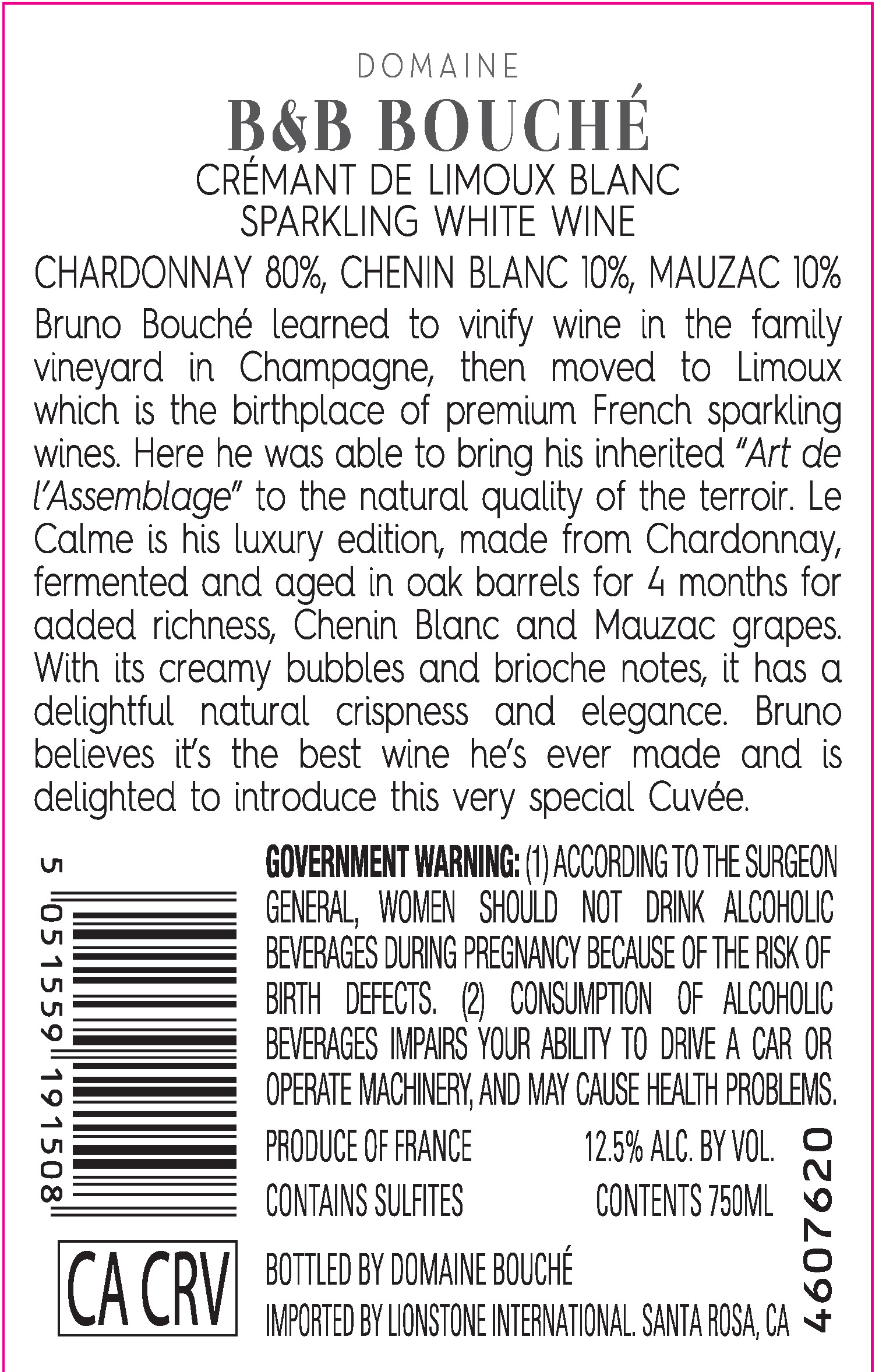 TABC label artwork for Domaine B&B Bouche Cuvee Le Calme Cremant de Limoux Chardonnay, Chenin Blanc, Mauzac, France