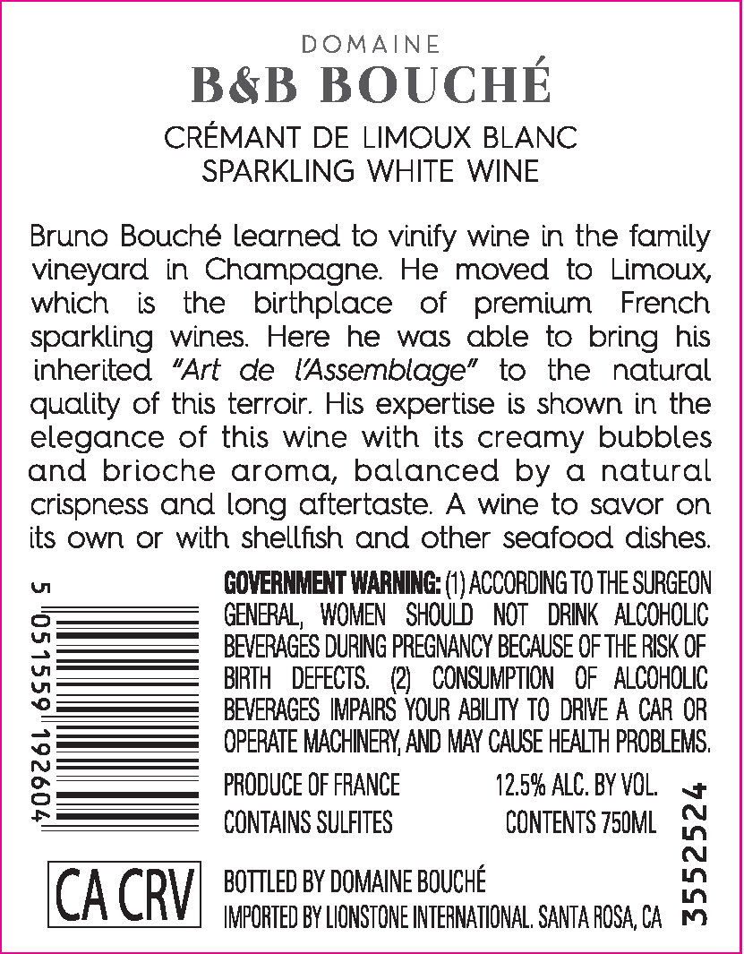 TABC label artwork for Domaine B&B Bouche Cremant de Limoux Sparkling White Wine, France