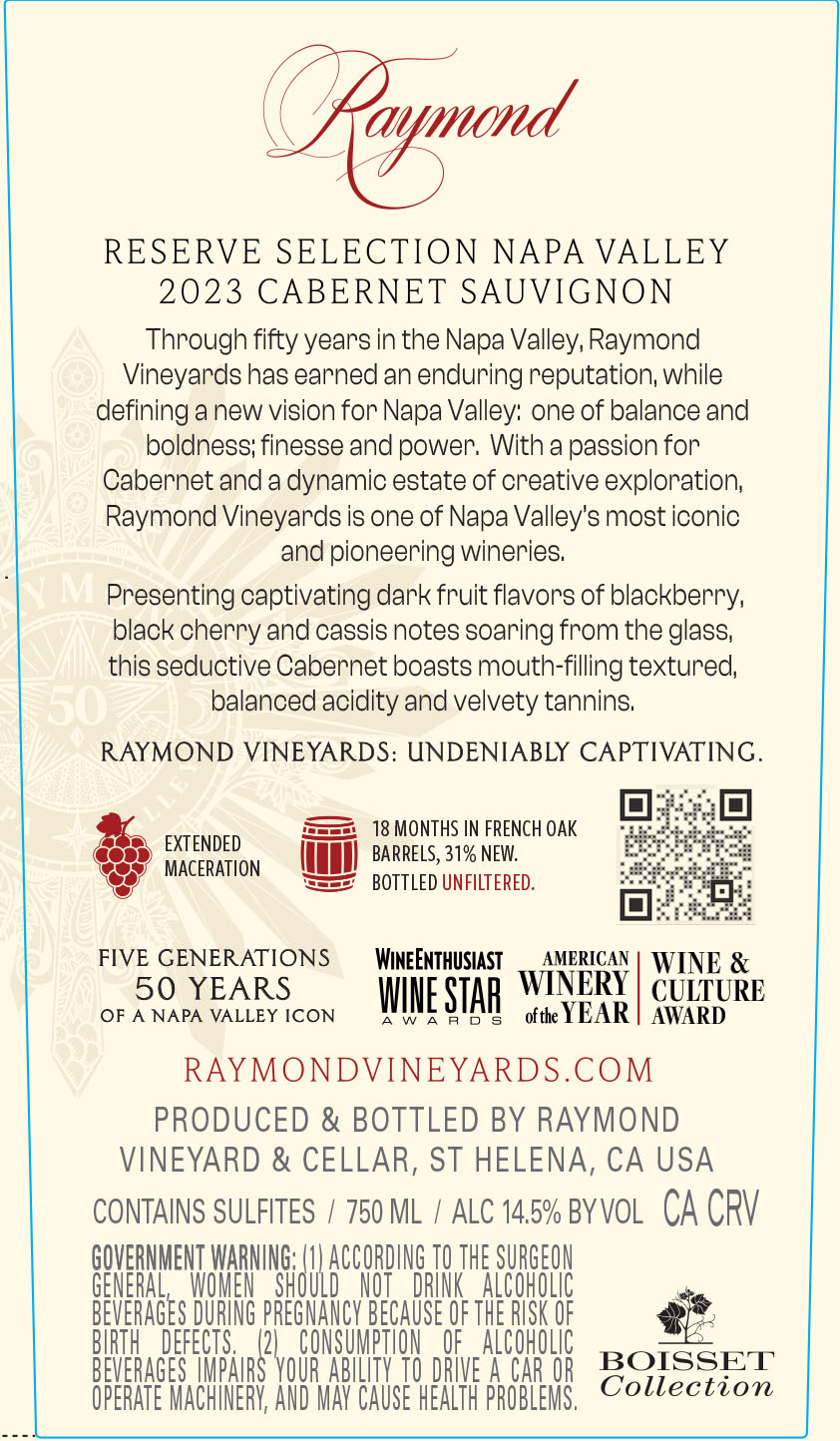 TABC label artwork for RAYMOND RESERVE SELECTION CABERNET SAUVIGNON