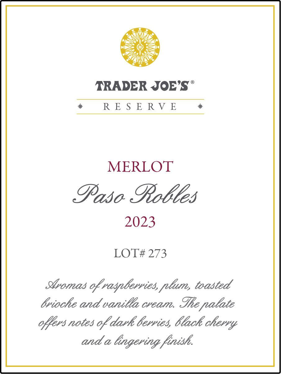 TABC label artwork for Trader Joe's Reserve Merlot Lot# 273 Paso Robles